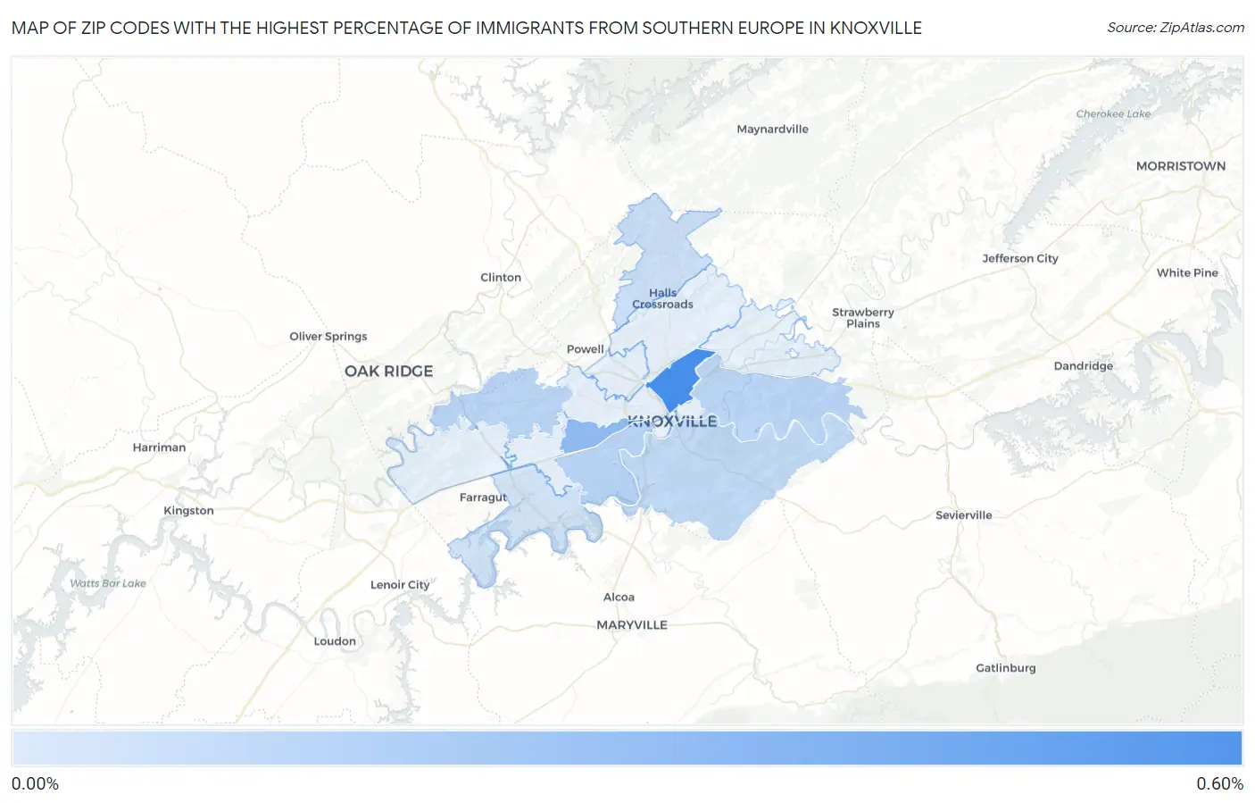 Zip Codes with the Highest Percentage of Immigrants from Southern Europe in Knoxville Map