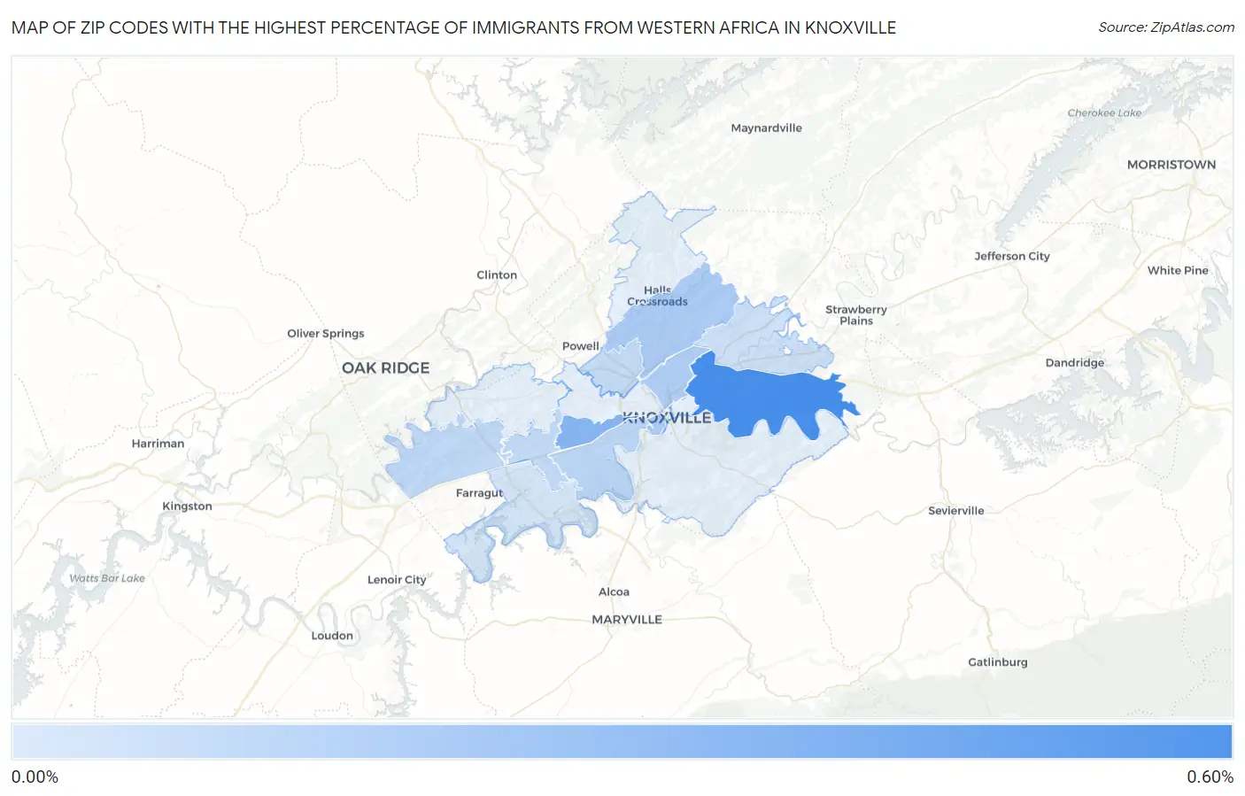 Zip Codes with the Highest Percentage of Immigrants from Western Africa in Knoxville Map
