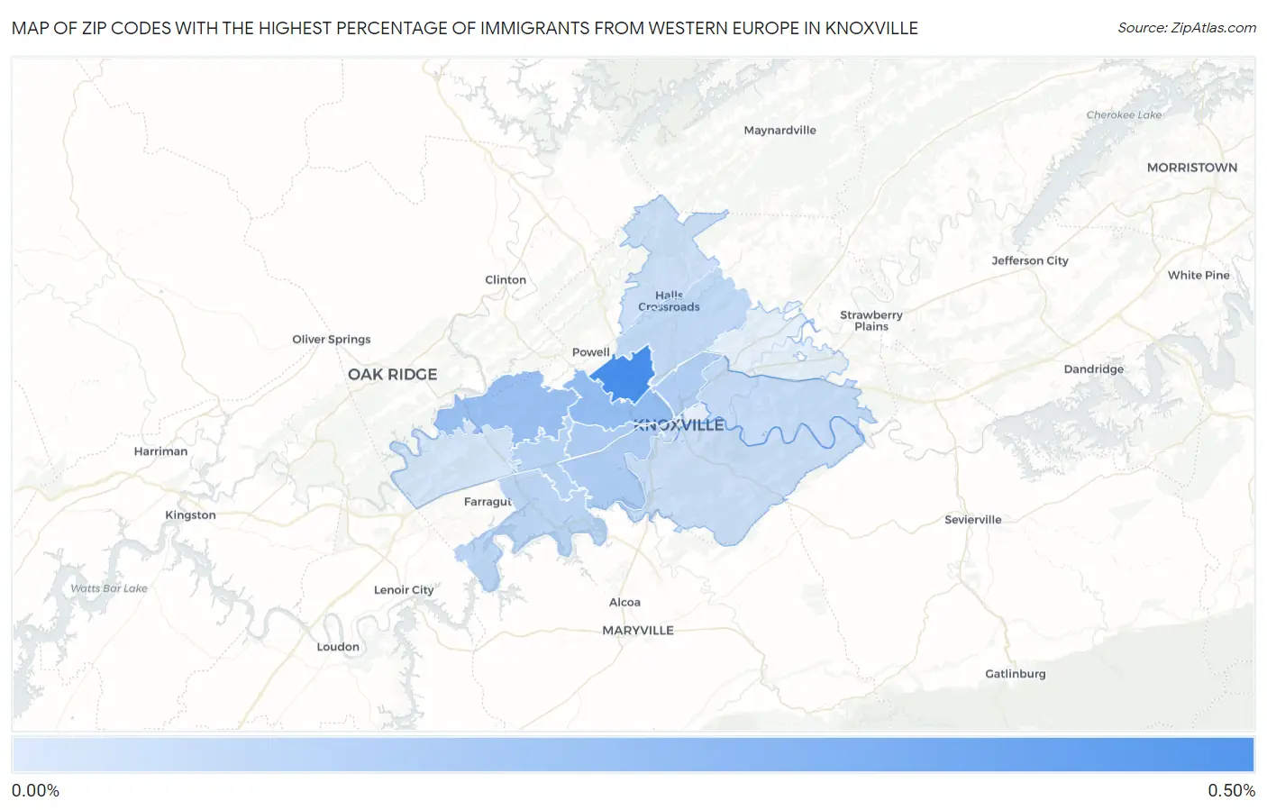 Zip Codes with the Highest Percentage of Immigrants from Western Europe in Knoxville Map