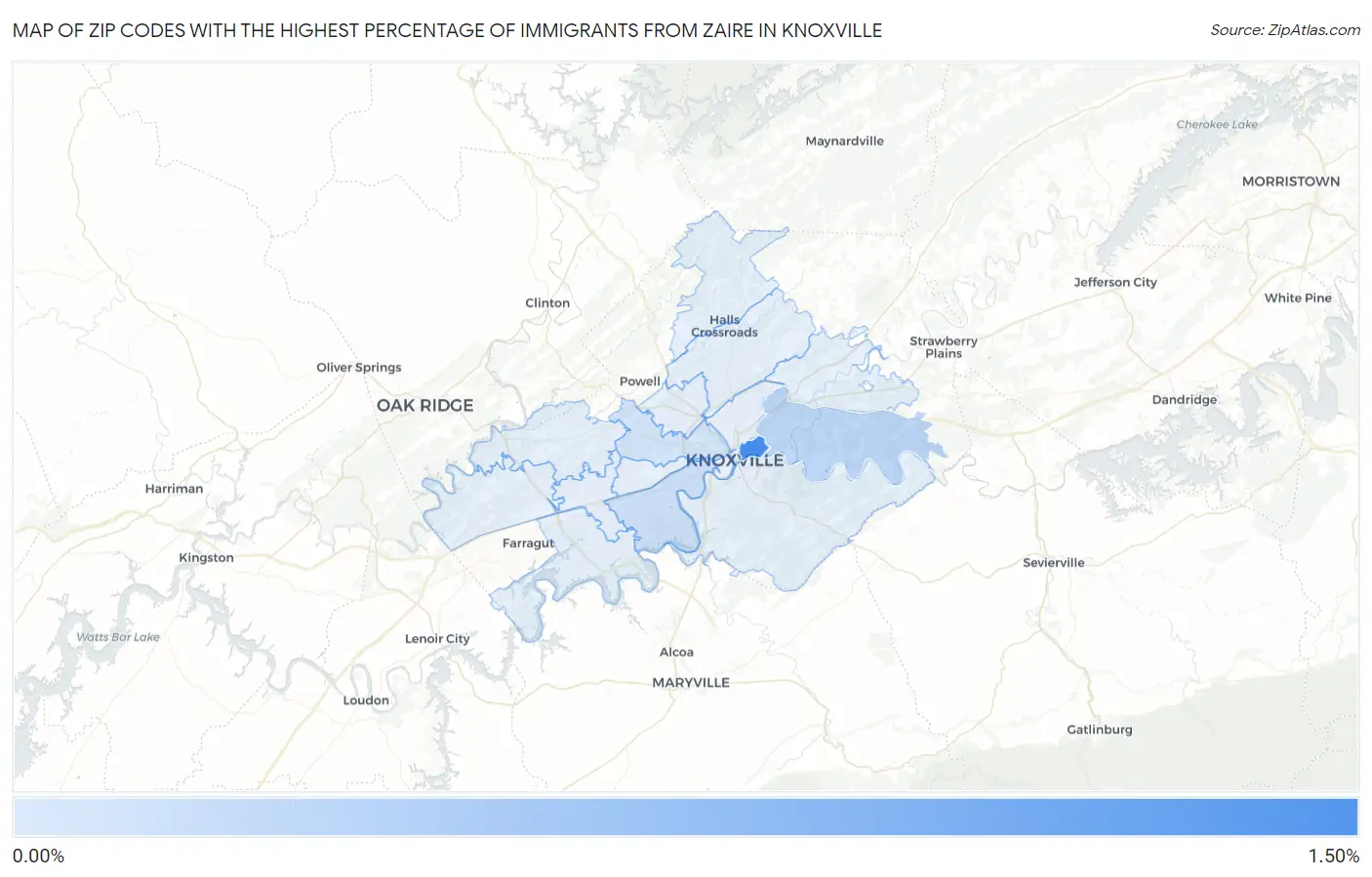Zip Codes with the Highest Percentage of Immigrants from Zaire in Knoxville Map