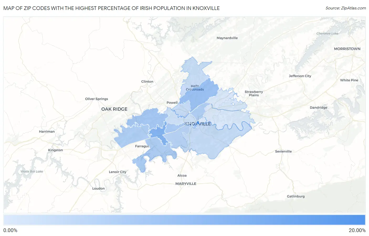 Zip Codes with the Highest Percentage of Irish Population in Knoxville Map