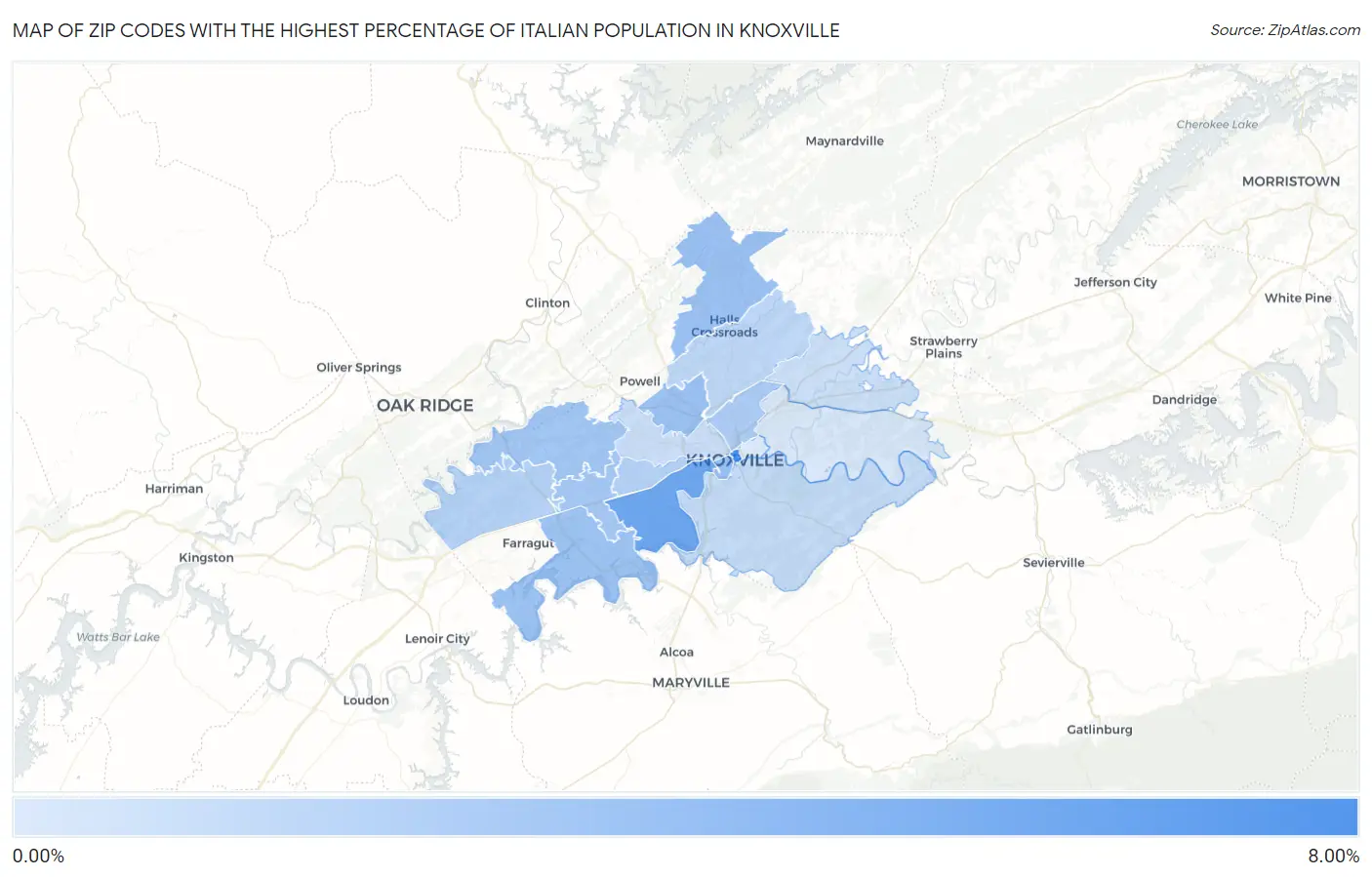 Zip Codes with the Highest Percentage of Italian Population in Knoxville Map