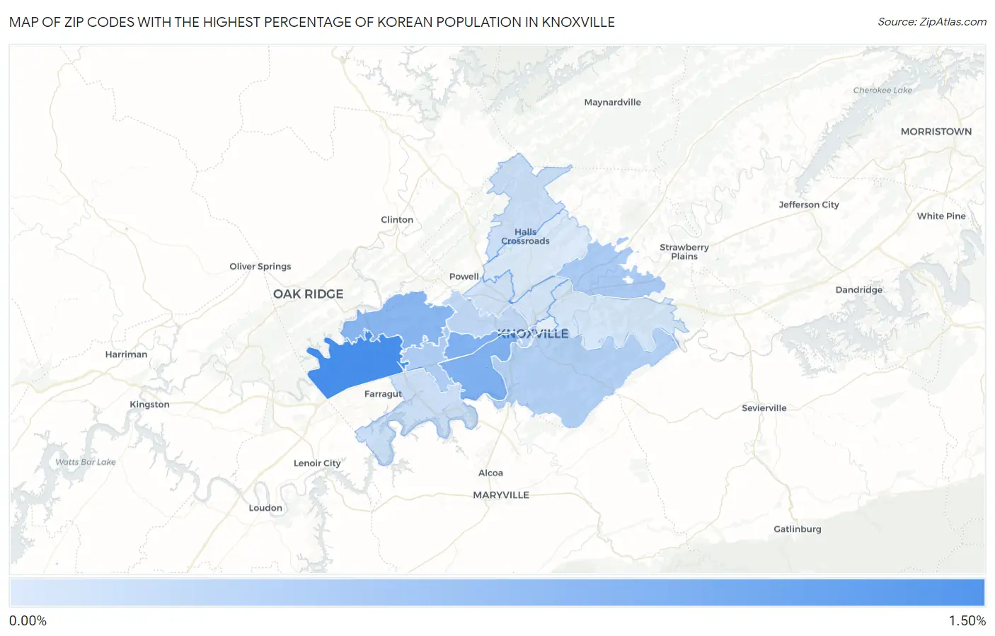 Zip Codes with the Highest Percentage of Korean Population in Knoxville Map