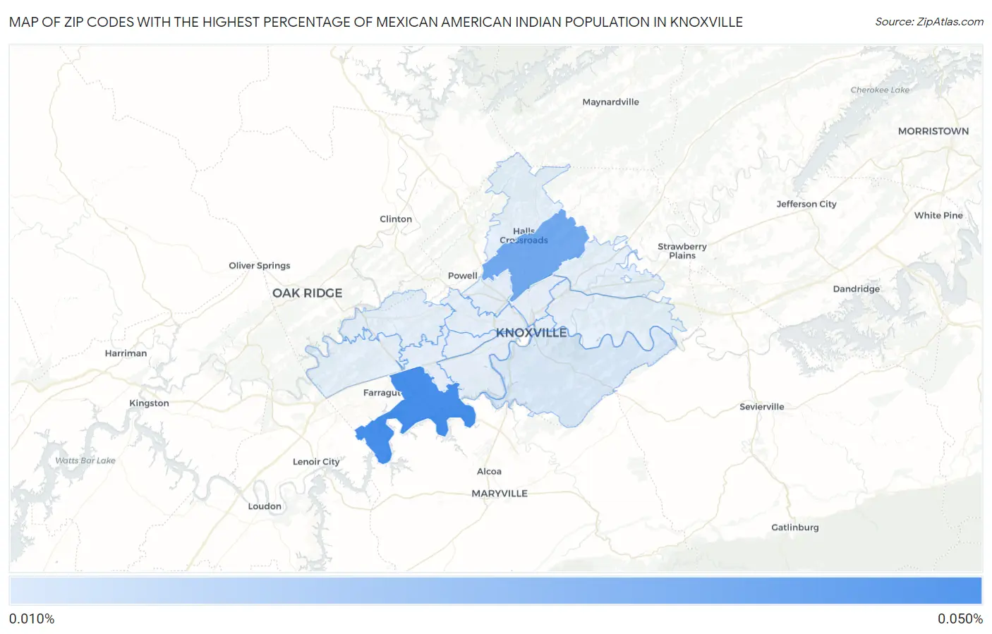 Zip Codes with the Highest Percentage of Mexican American Indian Population in Knoxville Map