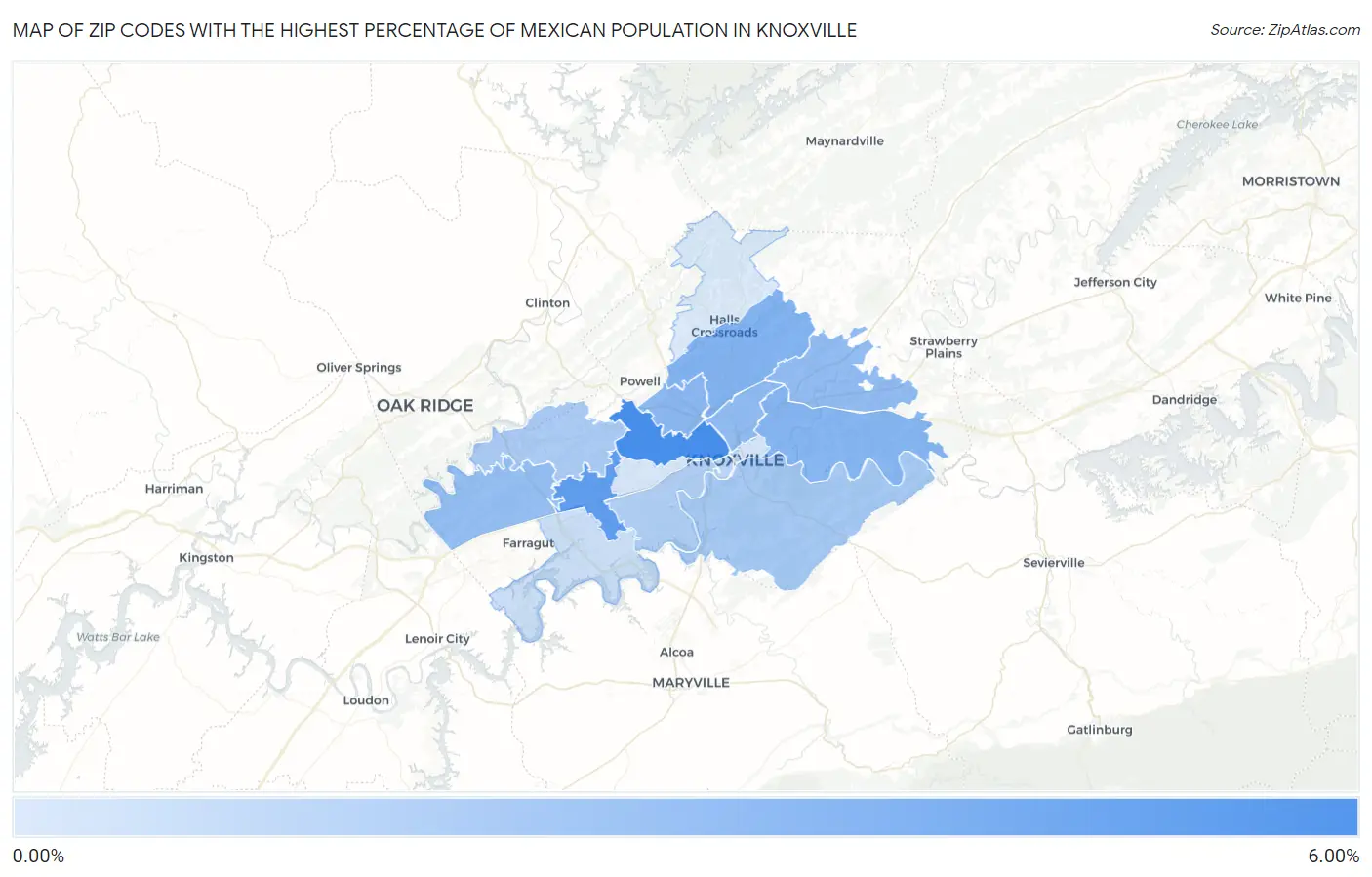 Zip Codes with the Highest Percentage of Mexican Population in Knoxville Map