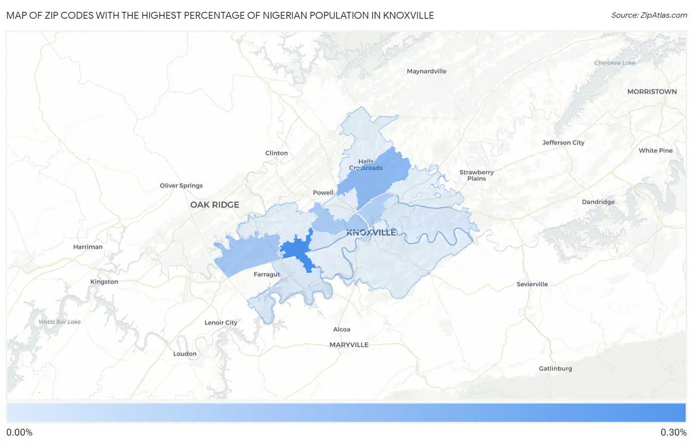 Zip Codes with the Highest Percentage of Nigerian Population in Knoxville Map