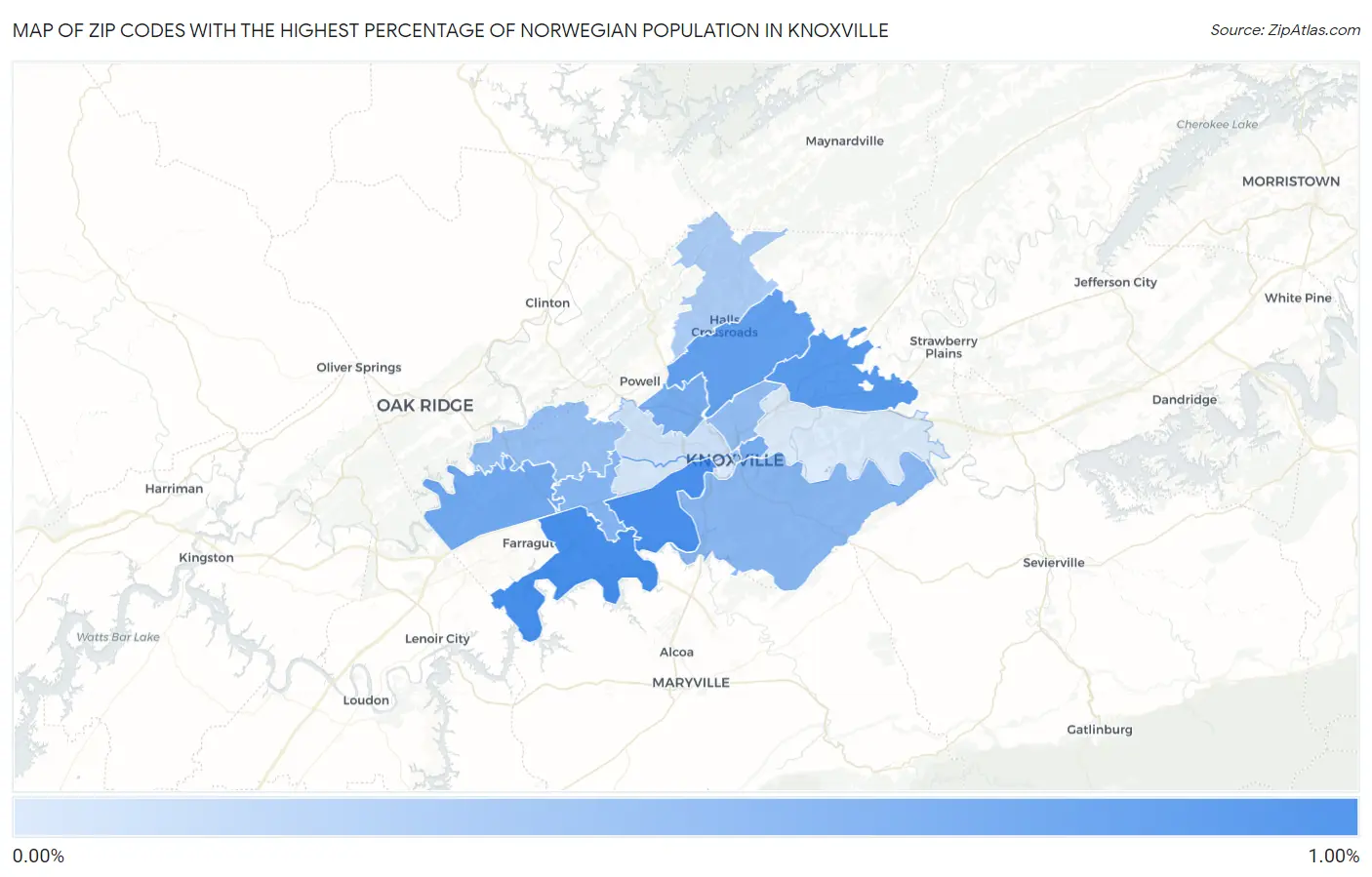 Zip Codes with the Highest Percentage of Norwegian Population in Knoxville Map