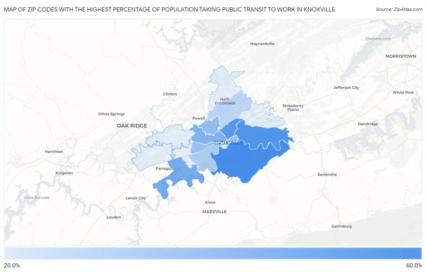 Zip Codes with the Highest Percentage of Population Taking Public Transit to Work in Knoxville Map