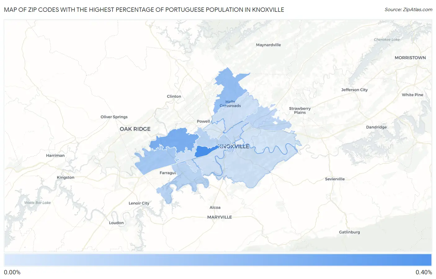 Zip Codes with the Highest Percentage of Portuguese Population in Knoxville Map