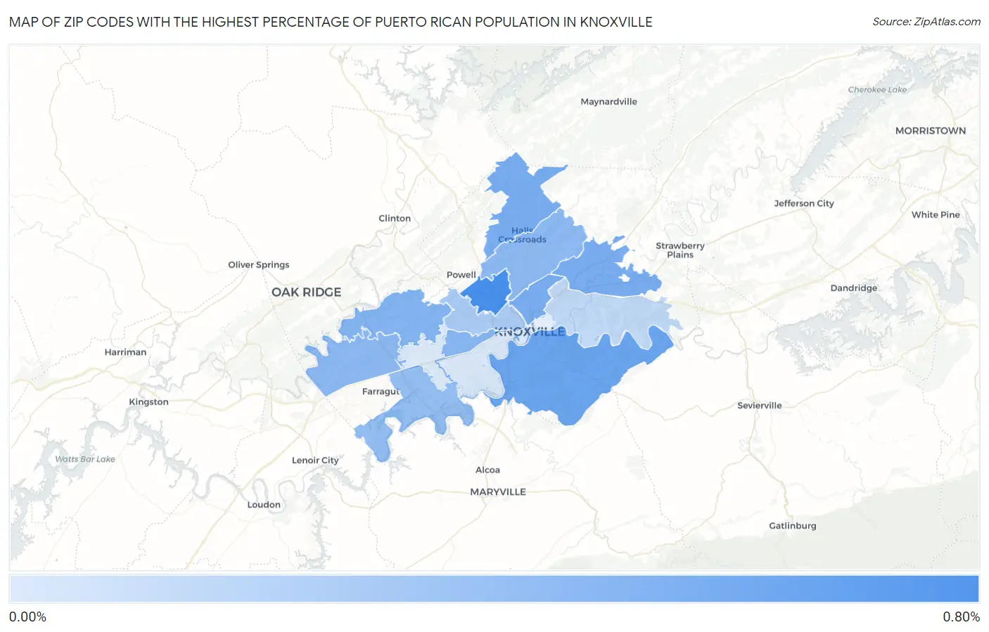 Zip Codes with the Highest Percentage of Puerto Rican Population in Knoxville Map