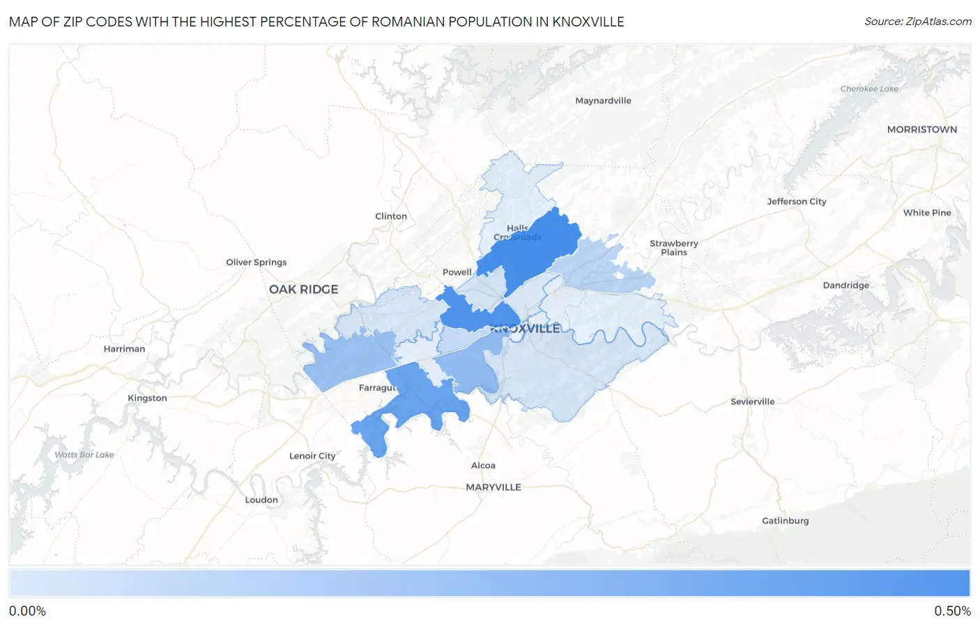Zip Codes with the Highest Percentage of Romanian Population in Knoxville Map
