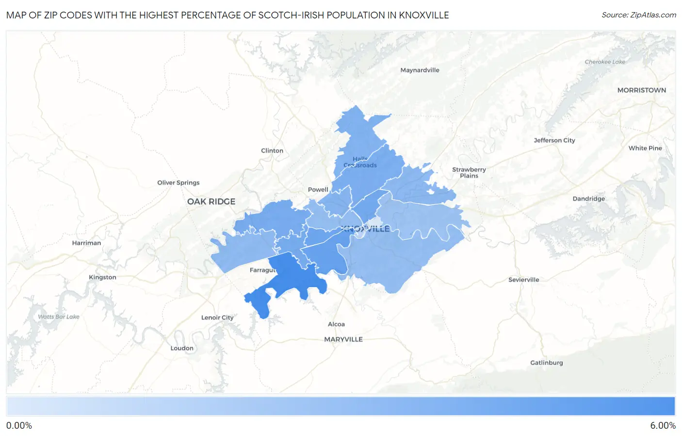 Zip Codes with the Highest Percentage of Scotch-Irish Population in Knoxville Map