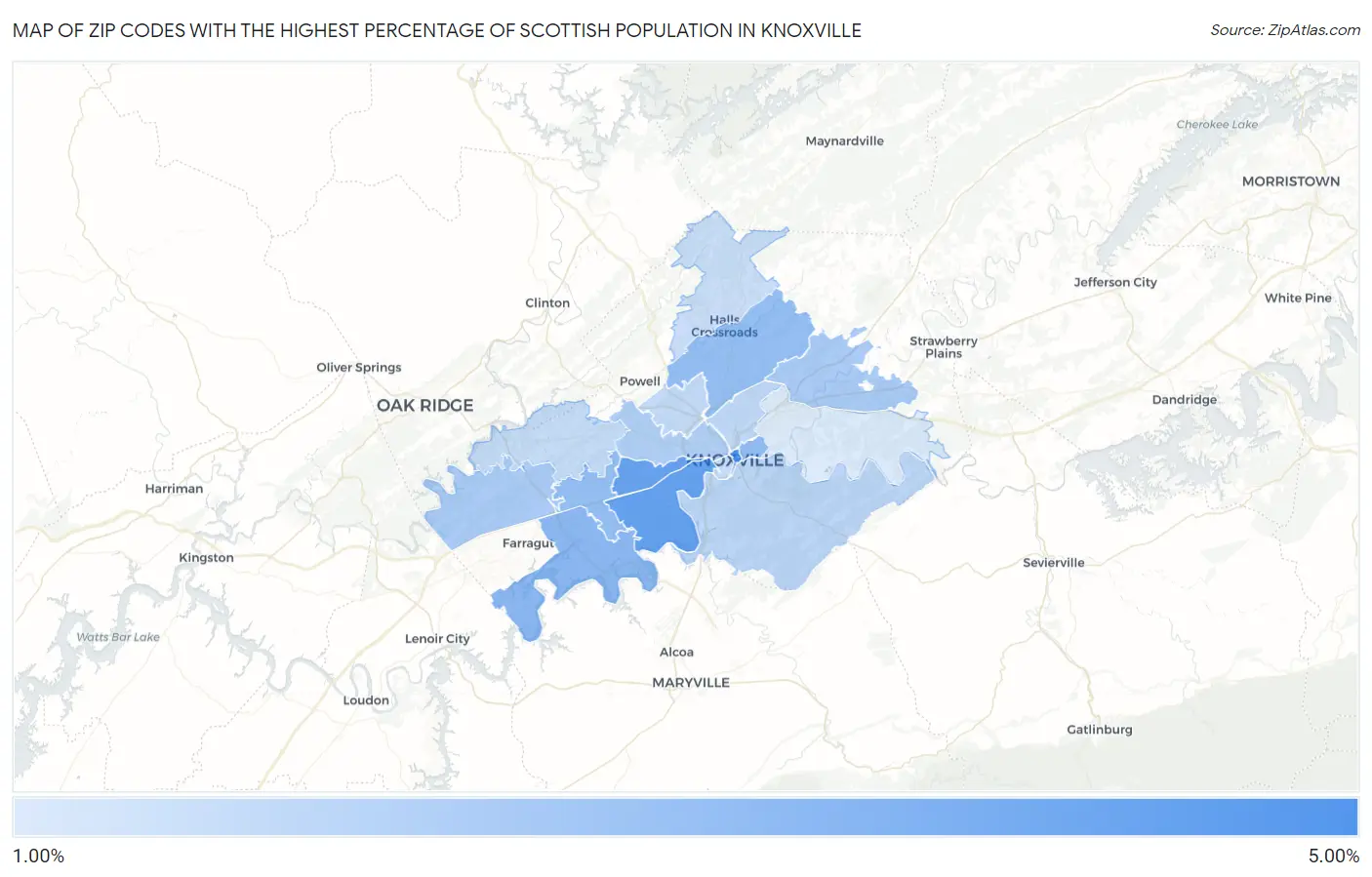 Zip Codes with the Highest Percentage of Scottish Population in Knoxville Map