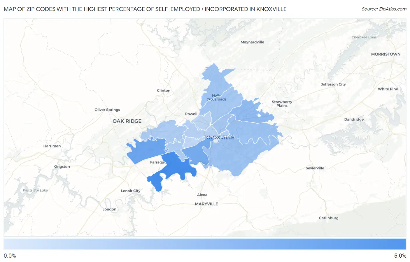 Zip Codes with the Highest Percentage of Self-Employed / Incorporated in Knoxville Map