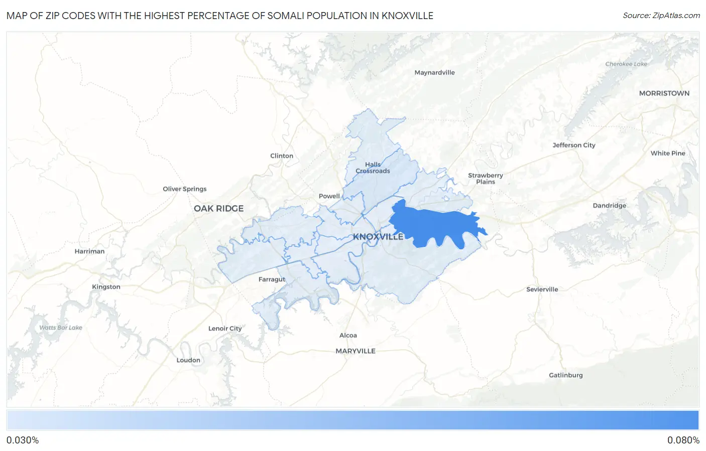 Zip Codes with the Highest Percentage of Somali Population in Knoxville Map