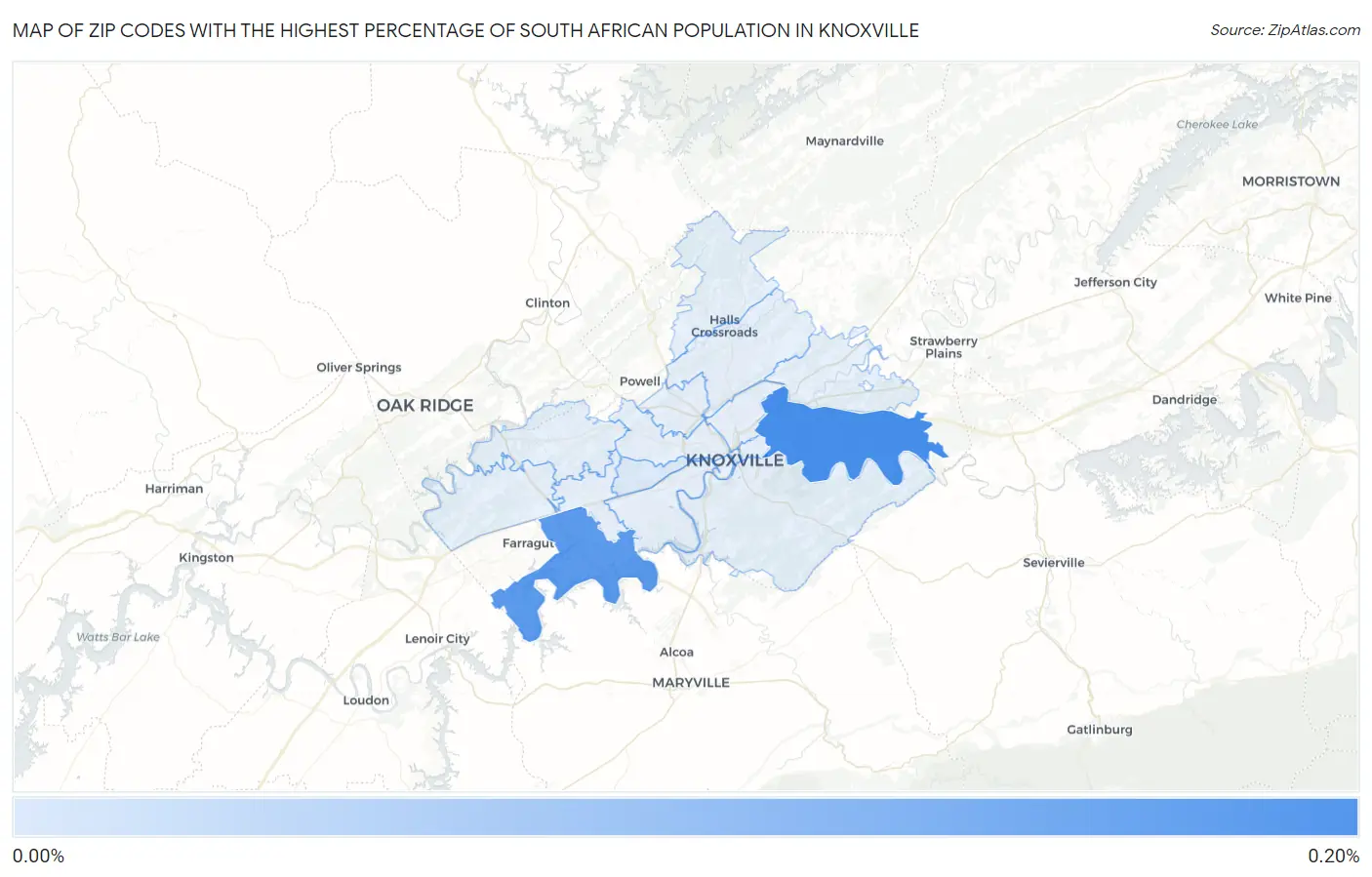 Zip Codes with the Highest Percentage of South African Population in Knoxville Map