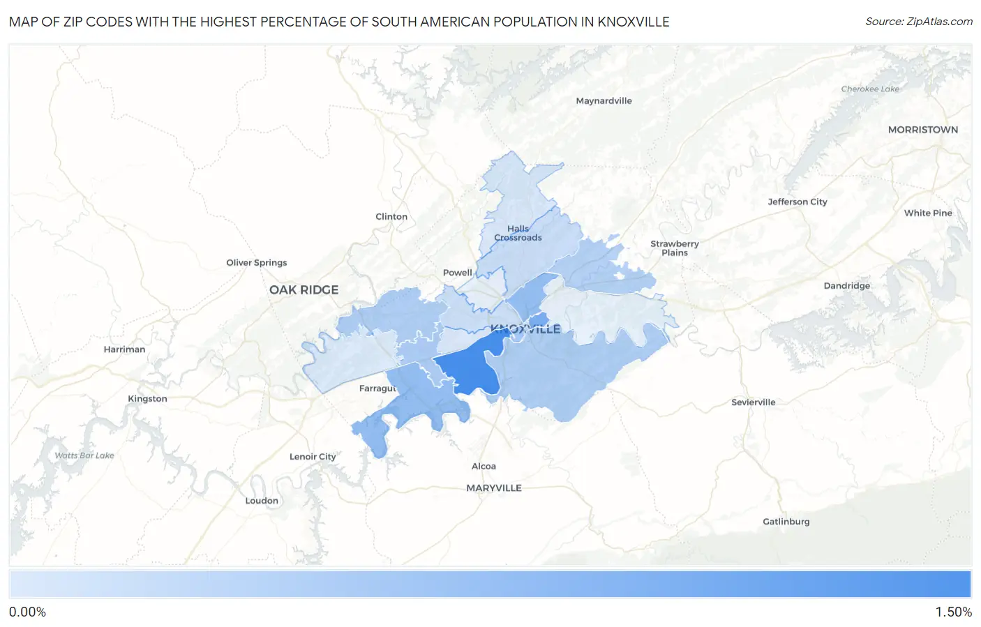 Zip Codes with the Highest Percentage of South American Population in Knoxville Map