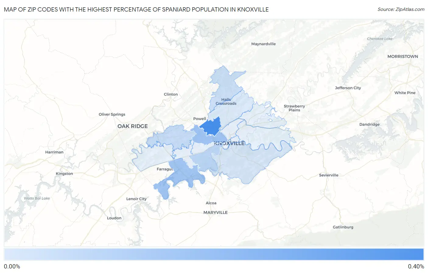 Zip Codes with the Highest Percentage of Spaniard Population in Knoxville Map