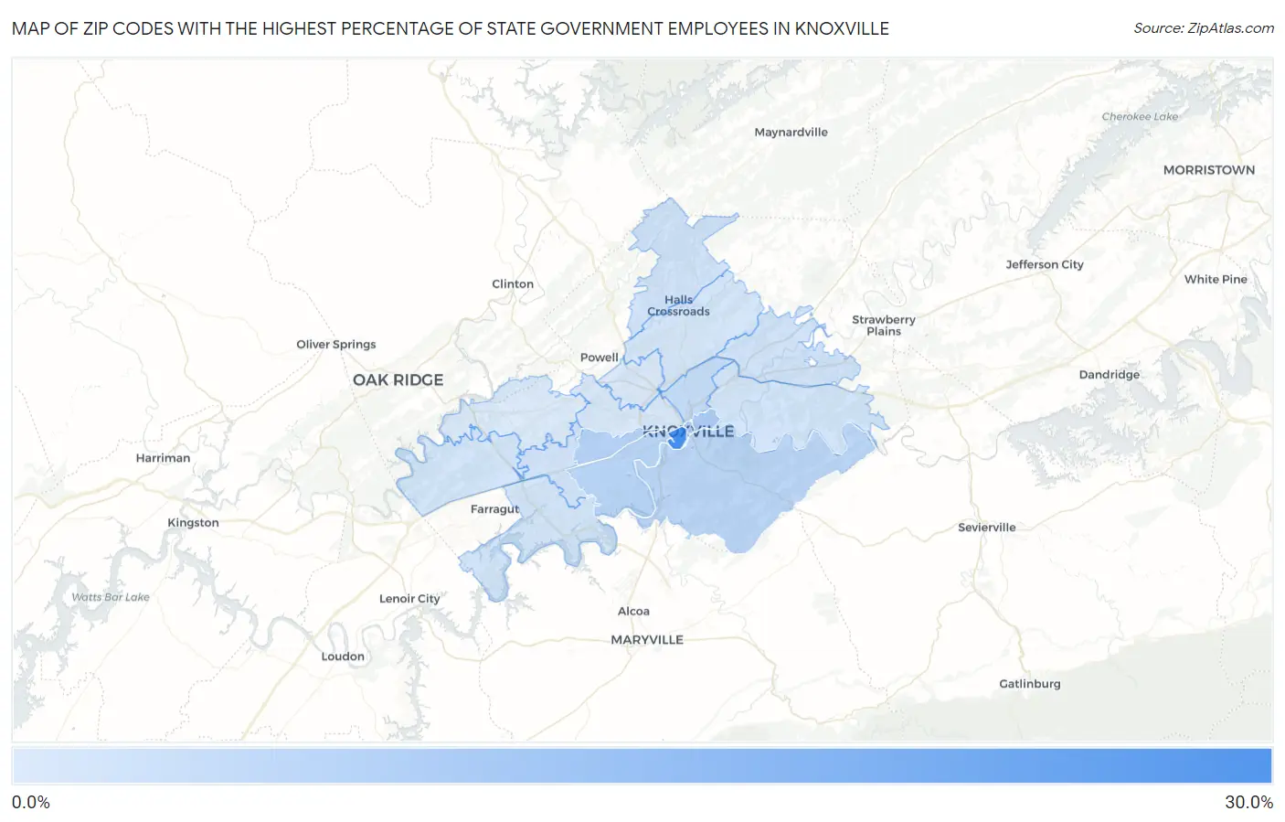Zip Codes with the Highest Percentage of State Government Employees in Knoxville Map