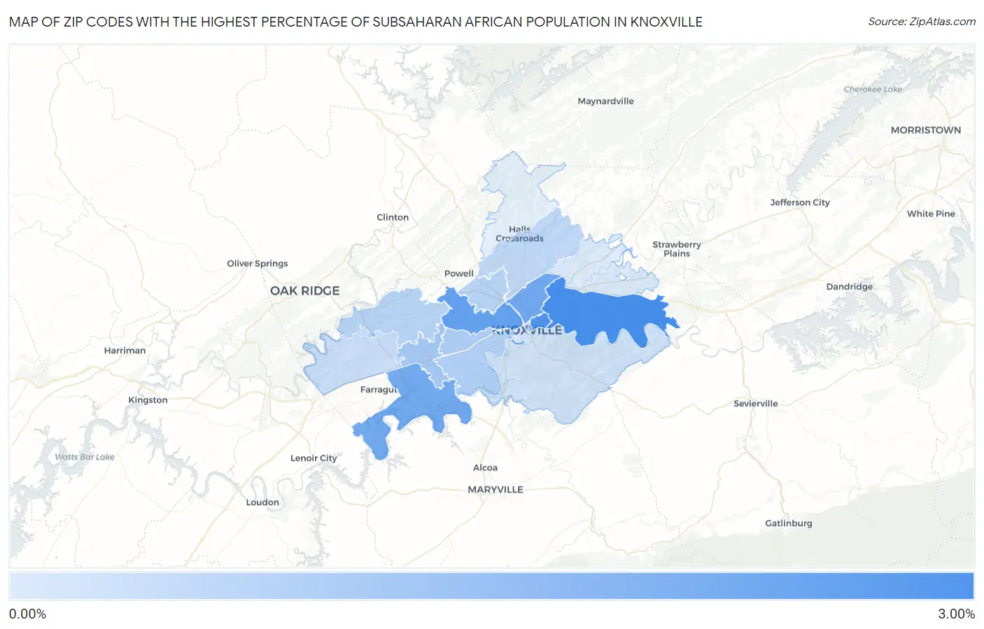 Zip Codes with the Highest Percentage of Subsaharan African Population in Knoxville Map