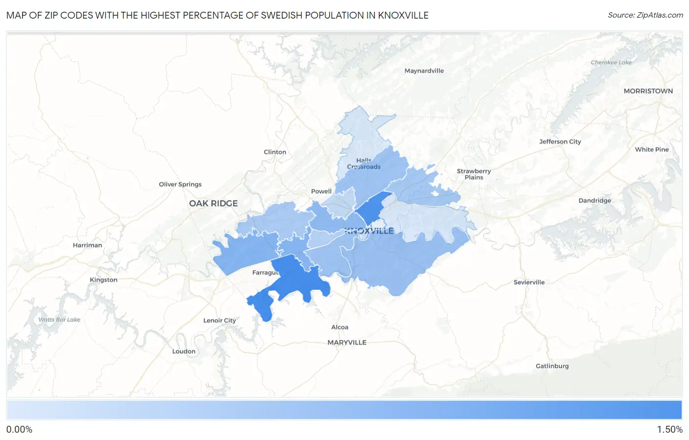 Zip Codes with the Highest Percentage of Swedish Population in Knoxville Map