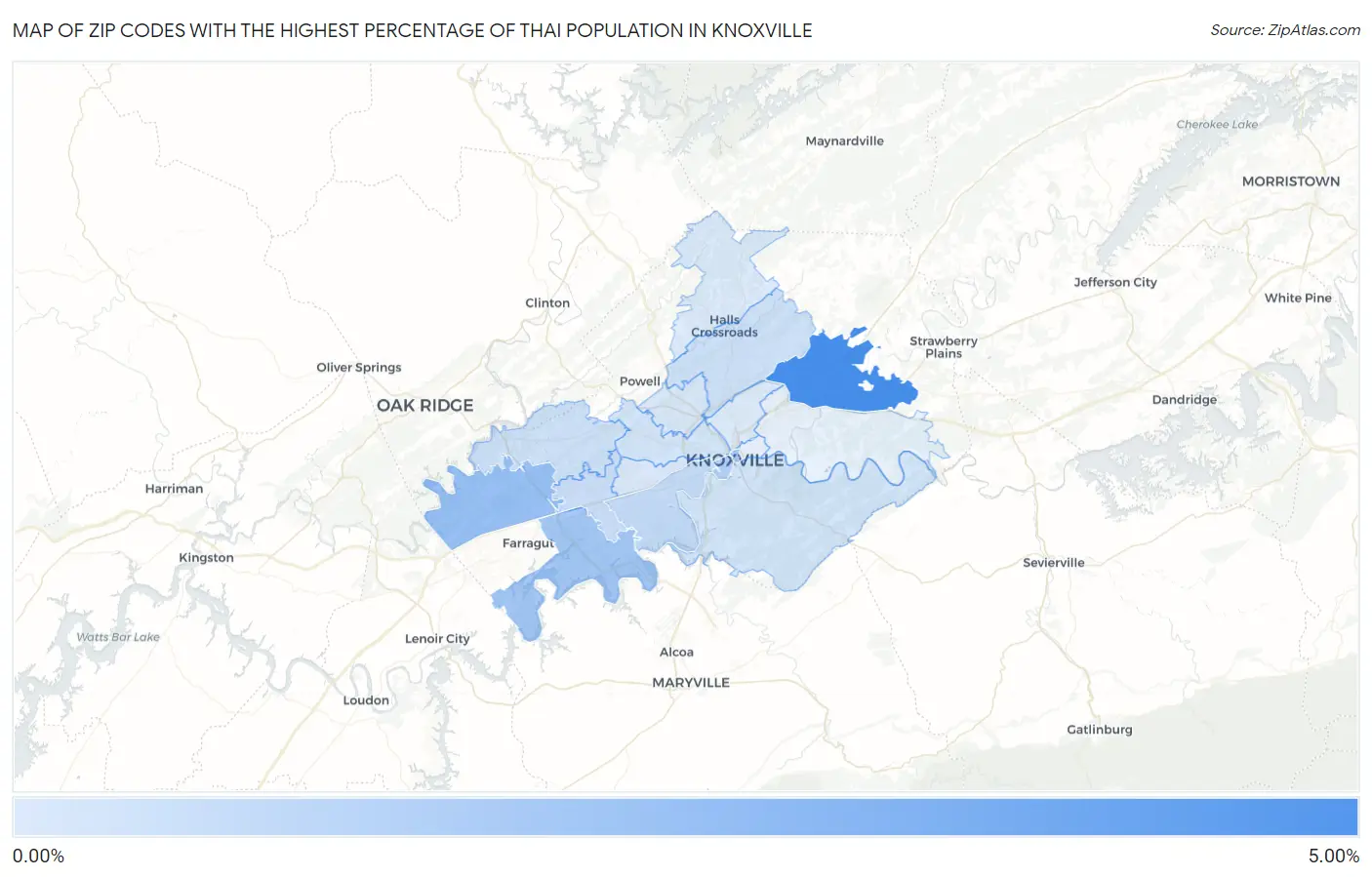 Zip Codes with the Highest Percentage of Thai Population in Knoxville Map