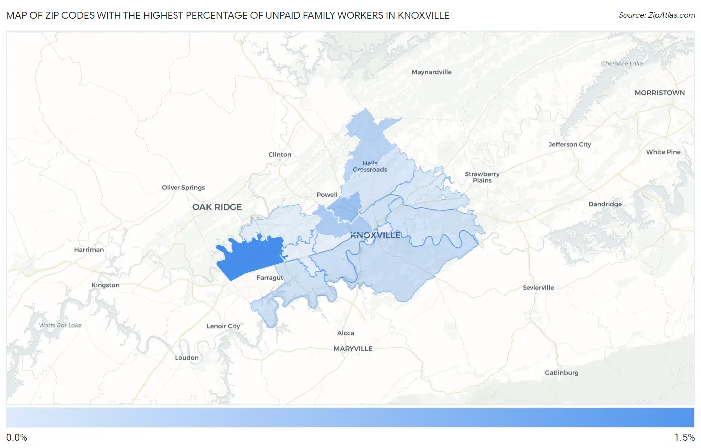 Zip Codes with the Highest Percentage of Unpaid Family Workers in Knoxville Map