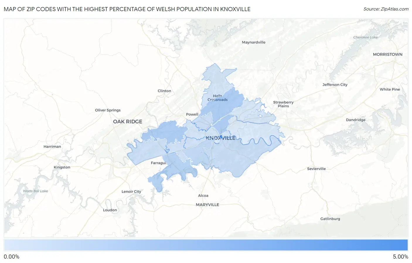Zip Codes with the Highest Percentage of Welsh Population in Knoxville Map
