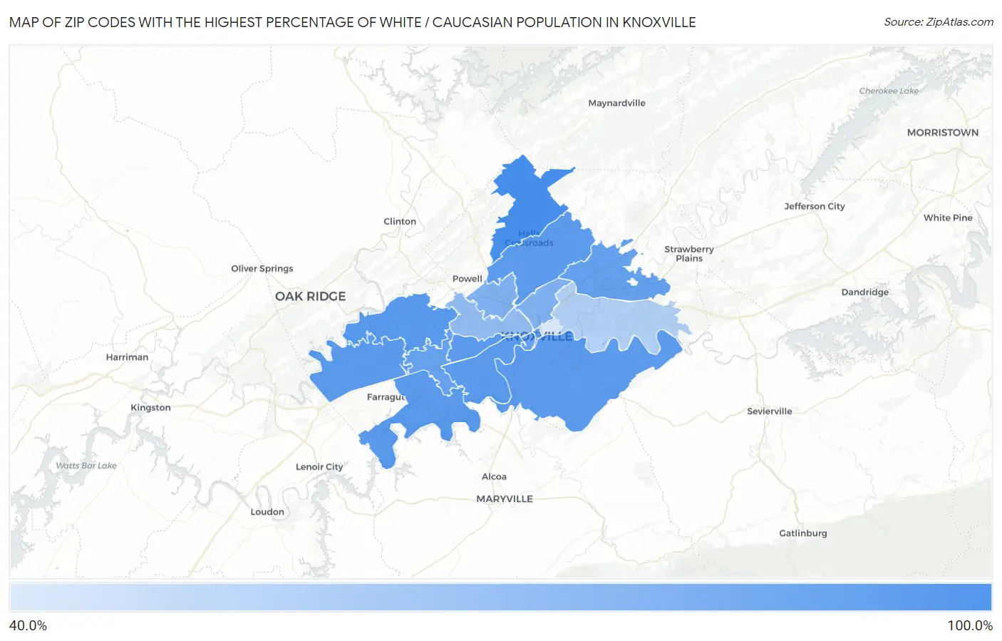 Zip Codes with the Highest Percentage of White / Caucasian Population in Knoxville Map