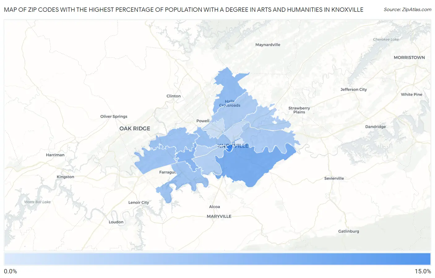 Zip Codes with the Highest Percentage of Population with a Degree in Arts and Humanities in Knoxville Map