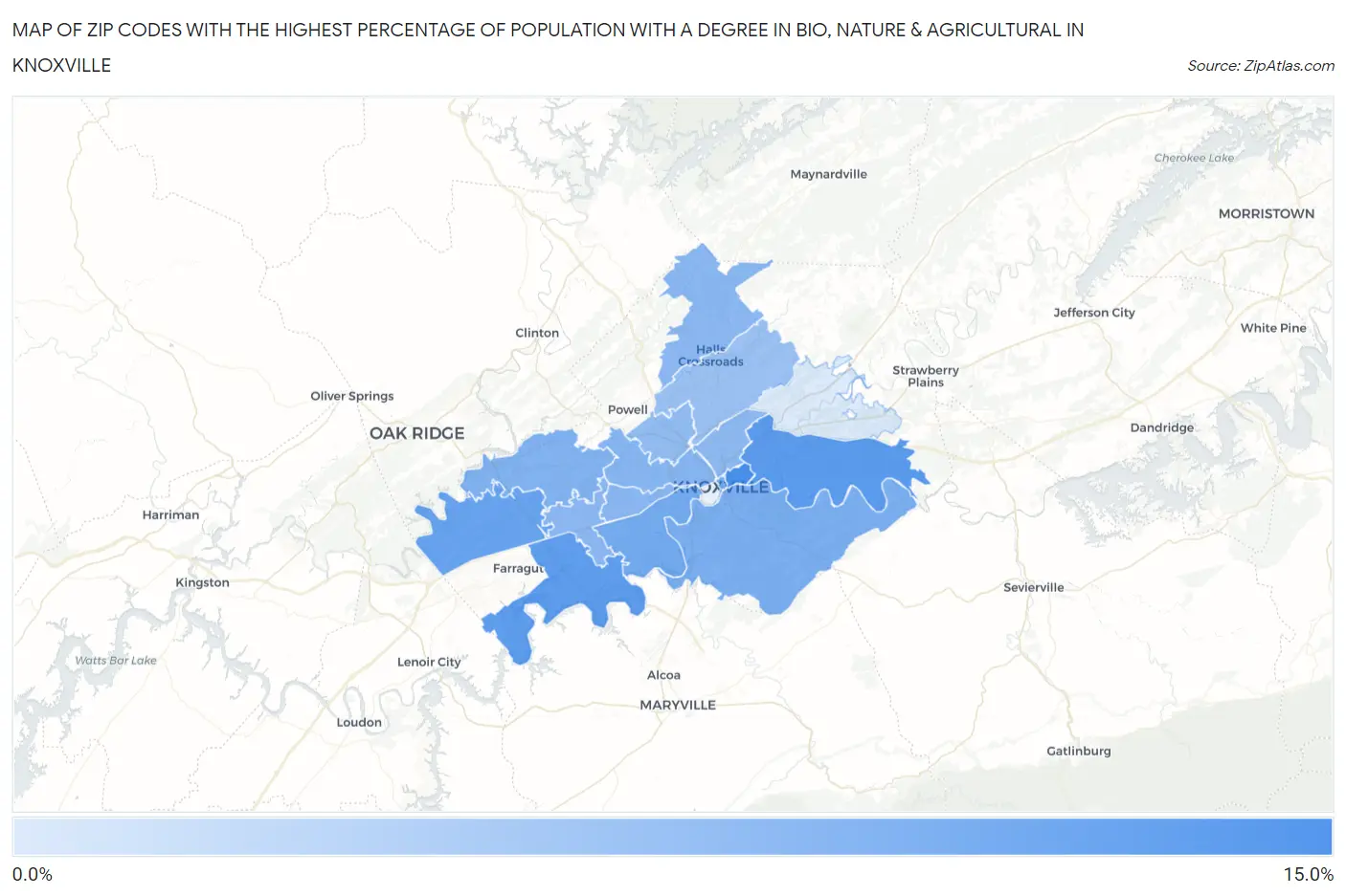 Zip Codes with the Highest Percentage of Population with a Degree in Bio, Nature & Agricultural in Knoxville Map