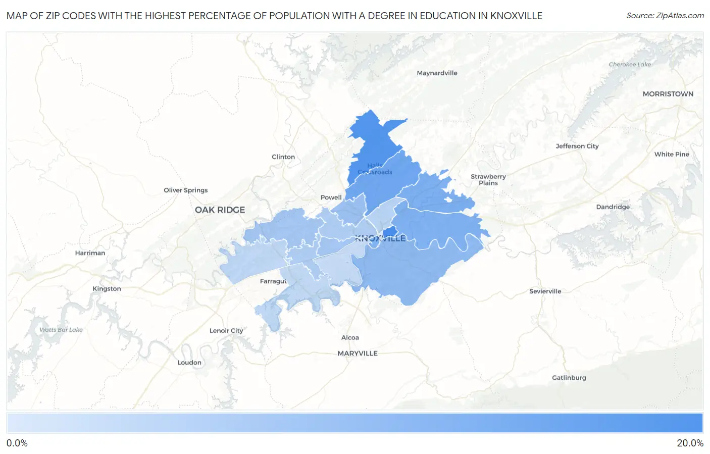 Zip Codes with the Highest Percentage of Population with a Degree in Education in Knoxville Map