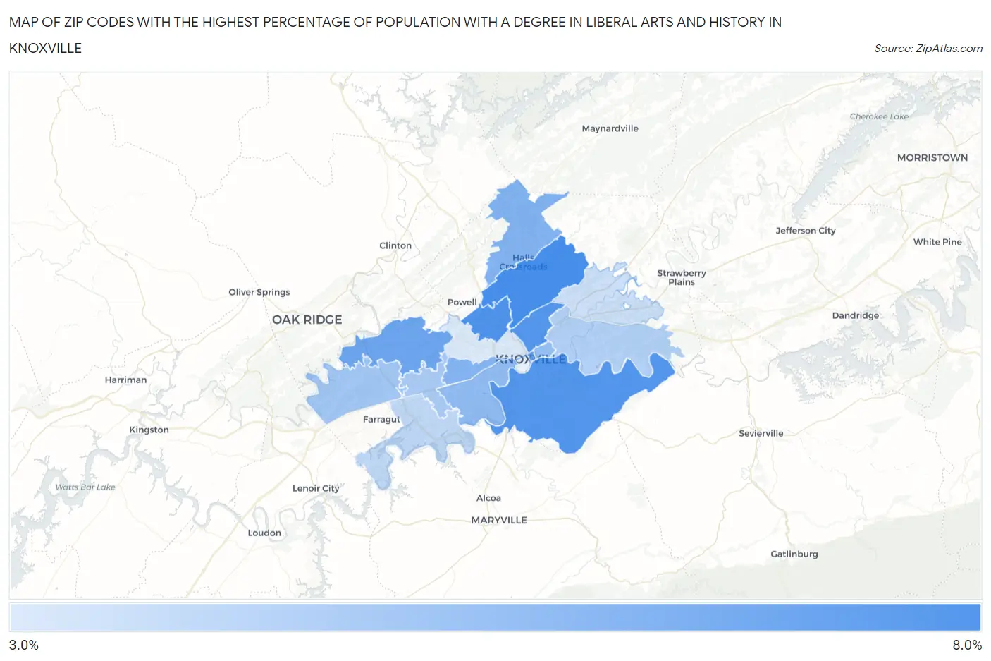 Zip Codes with the Highest Percentage of Population with a Degree in Liberal Arts and History in Knoxville Map