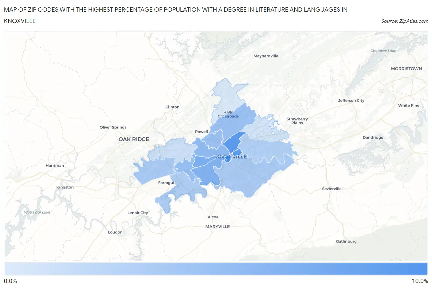 Zip Codes with the Highest Percentage of Population with a Degree in Literature and Languages in Knoxville Map