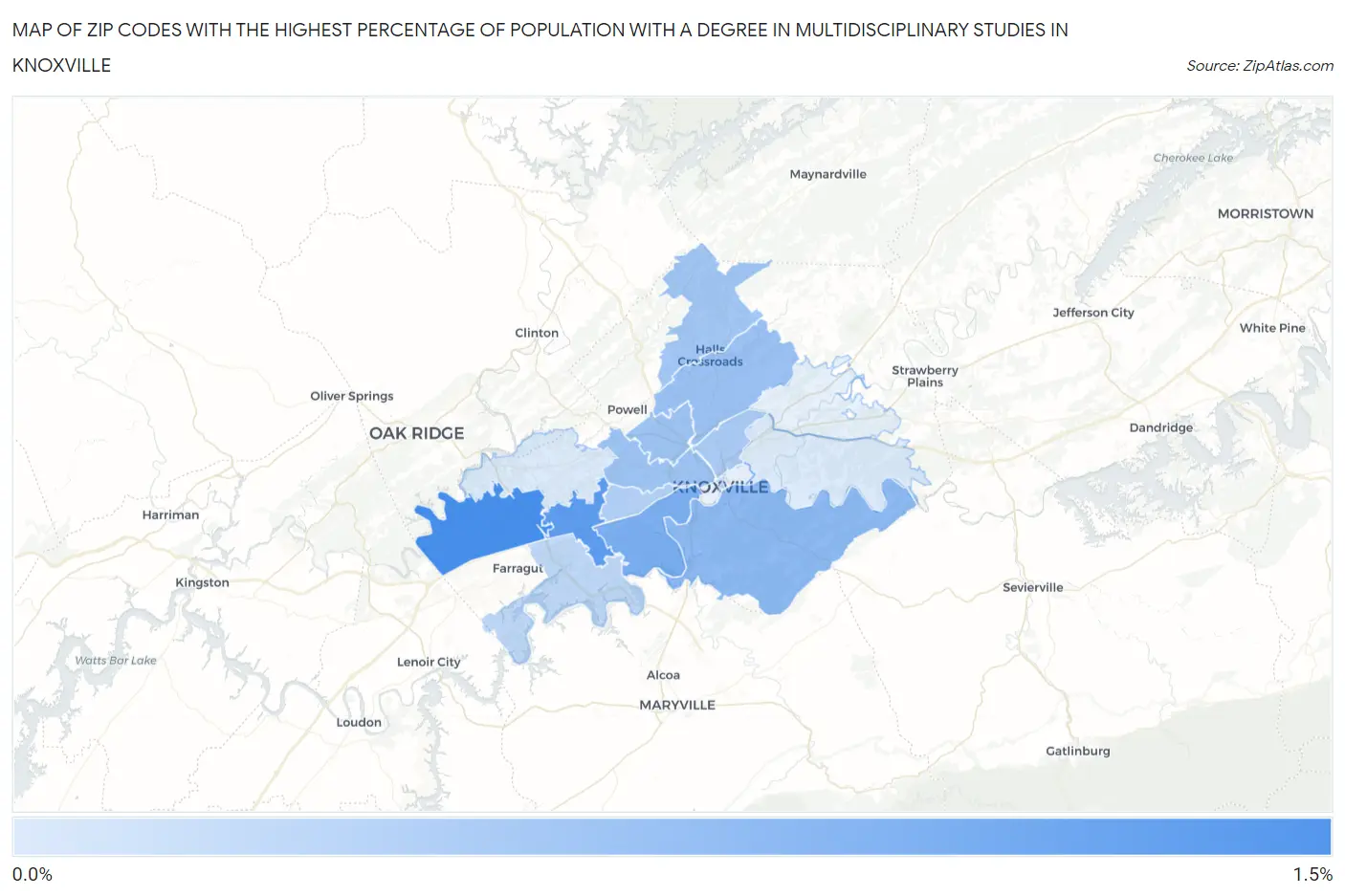 Zip Codes with the Highest Percentage of Population with a Degree in Multidisciplinary Studies in Knoxville Map