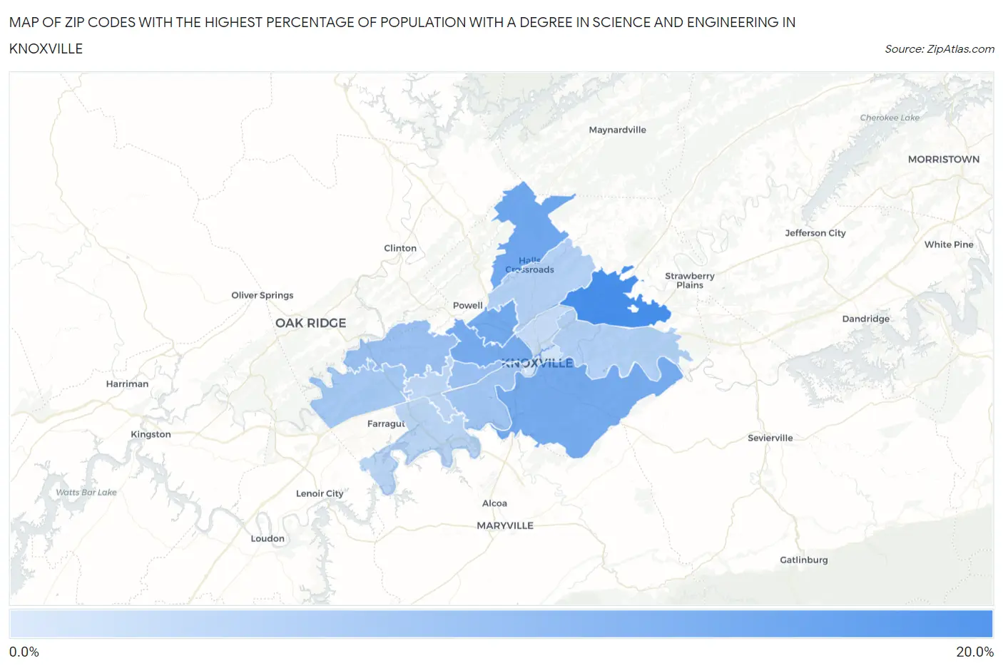 Zip Codes with the Highest Percentage of Population with a Degree in Science and Engineering in Knoxville Map