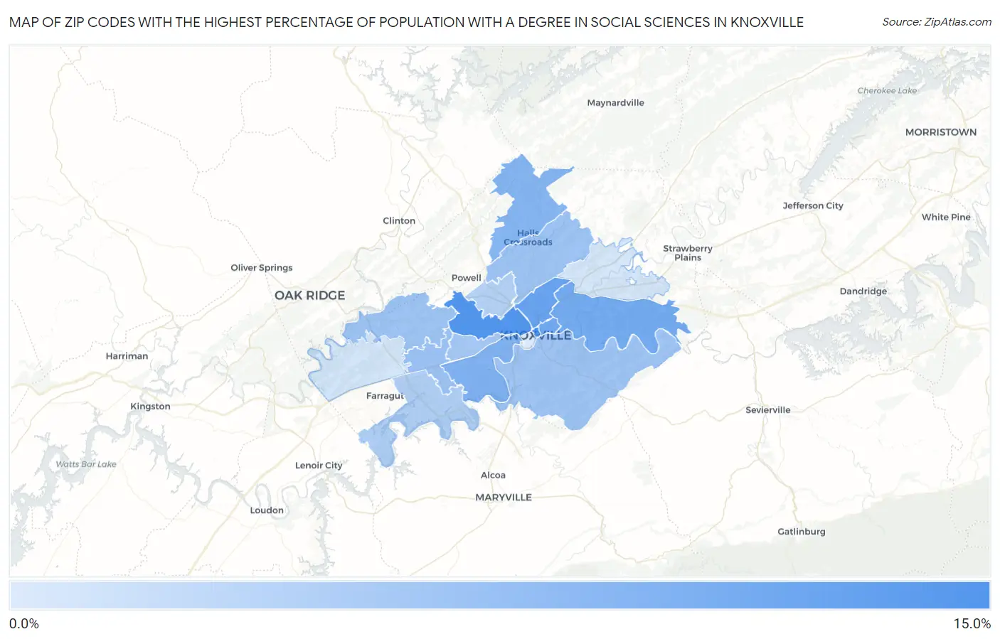 Zip Codes with the Highest Percentage of Population with a Degree in Social Sciences in Knoxville Map