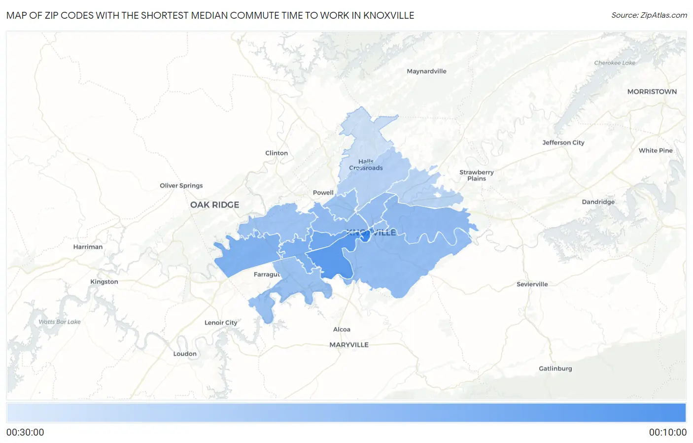 Zip Codes with the Shortest Median Commute Time to Work in Knoxville Map