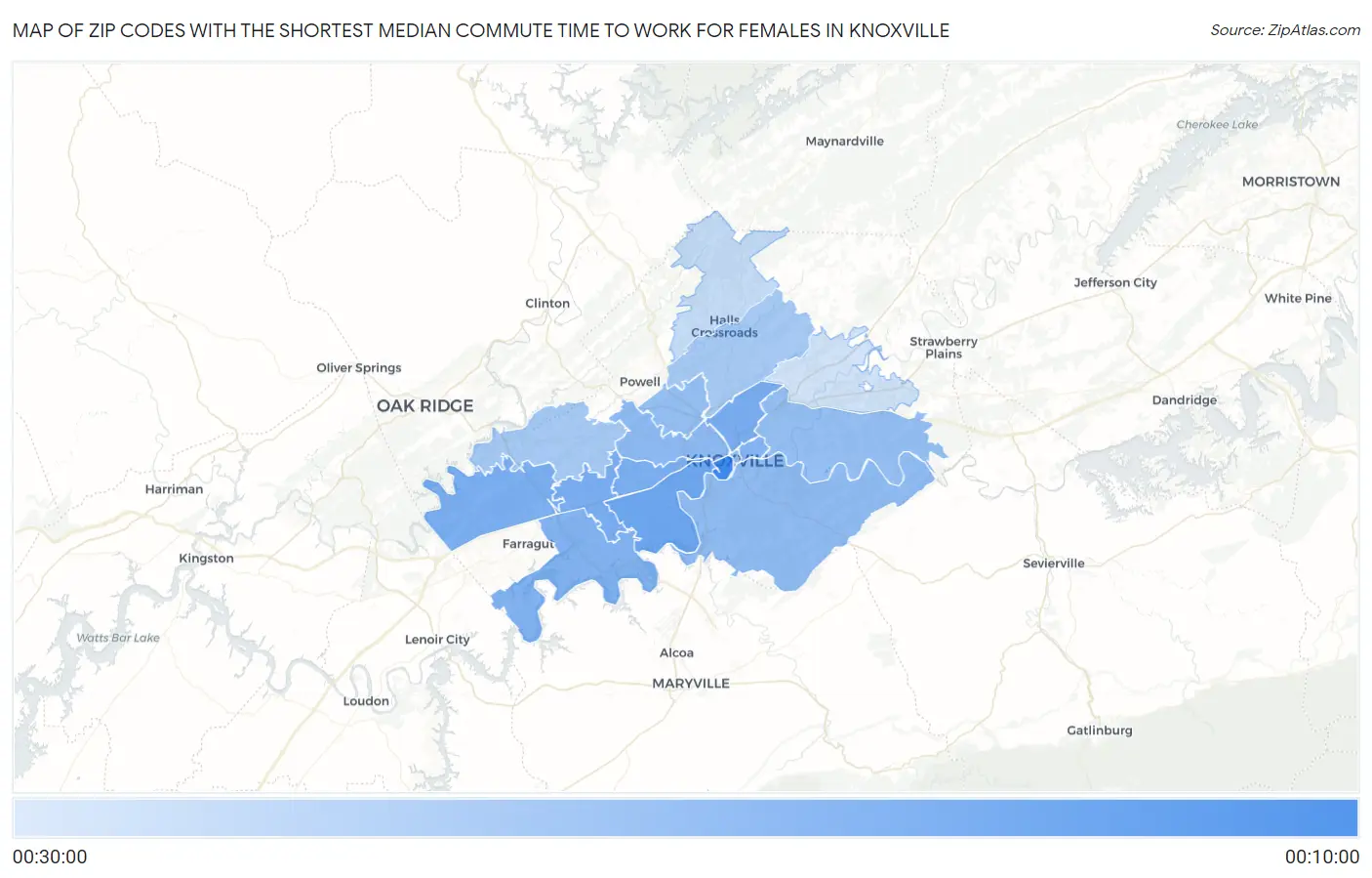 Zip Codes with the Shortest Median Commute Time to Work for Females in Knoxville Map