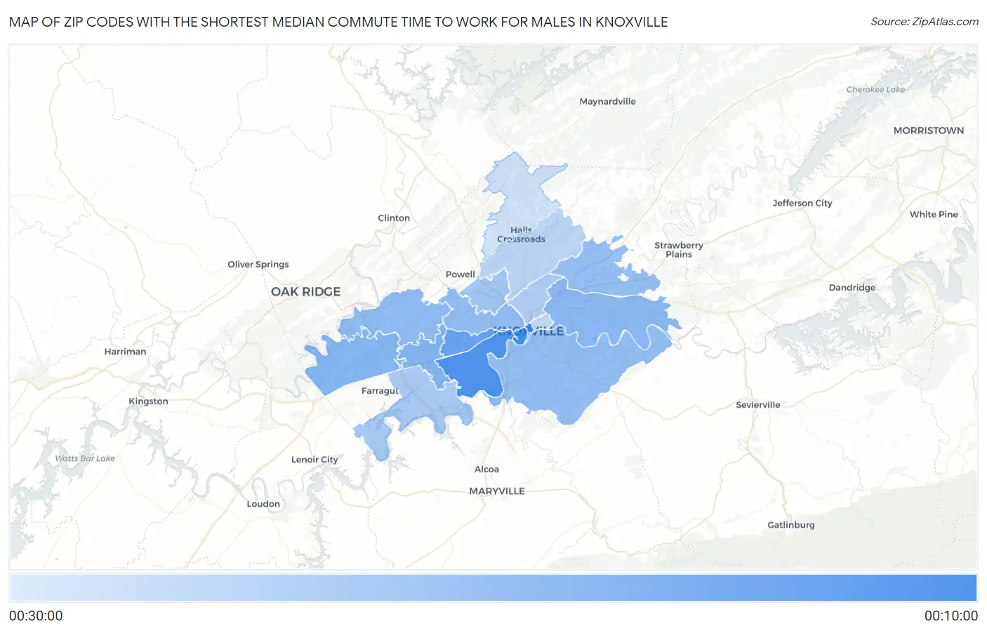 Zip Codes with the Shortest Median Commute Time to Work for Males in Knoxville Map