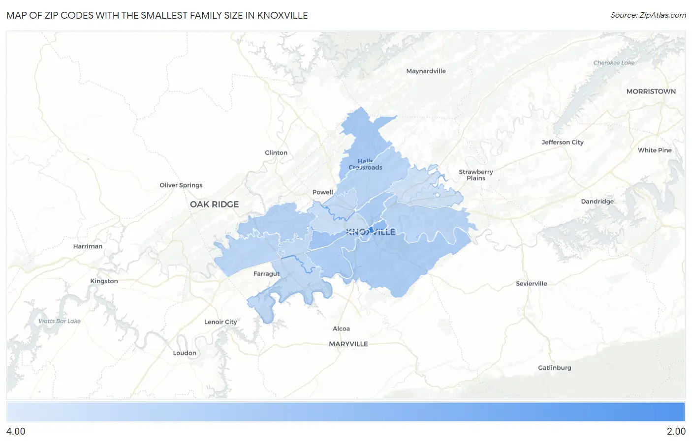 Zip Codes with the Smallest Family Size in Knoxville Map