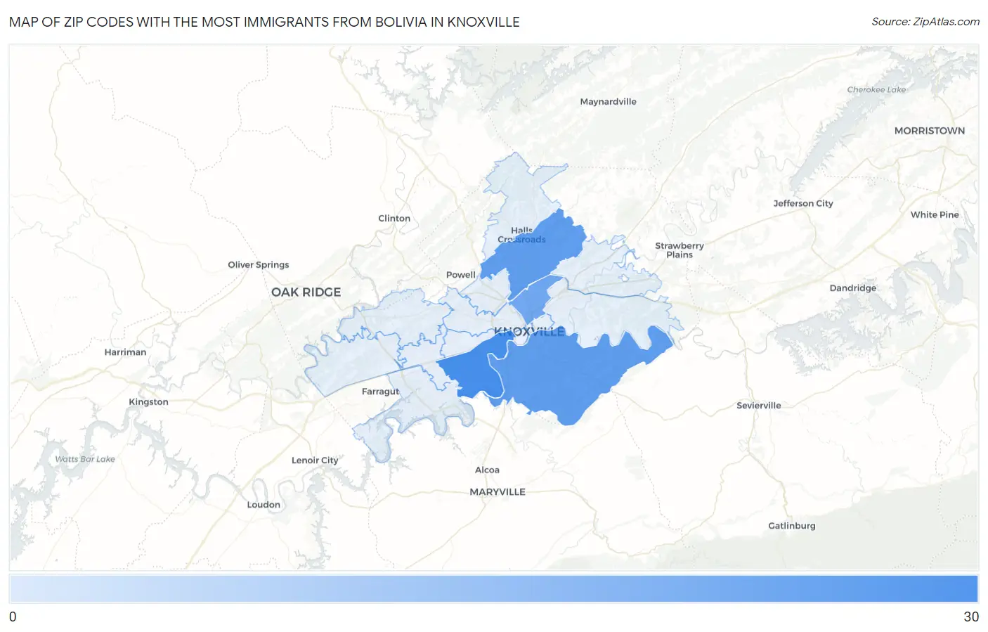 Zip Codes with the Most Immigrants from Bolivia in Knoxville Map