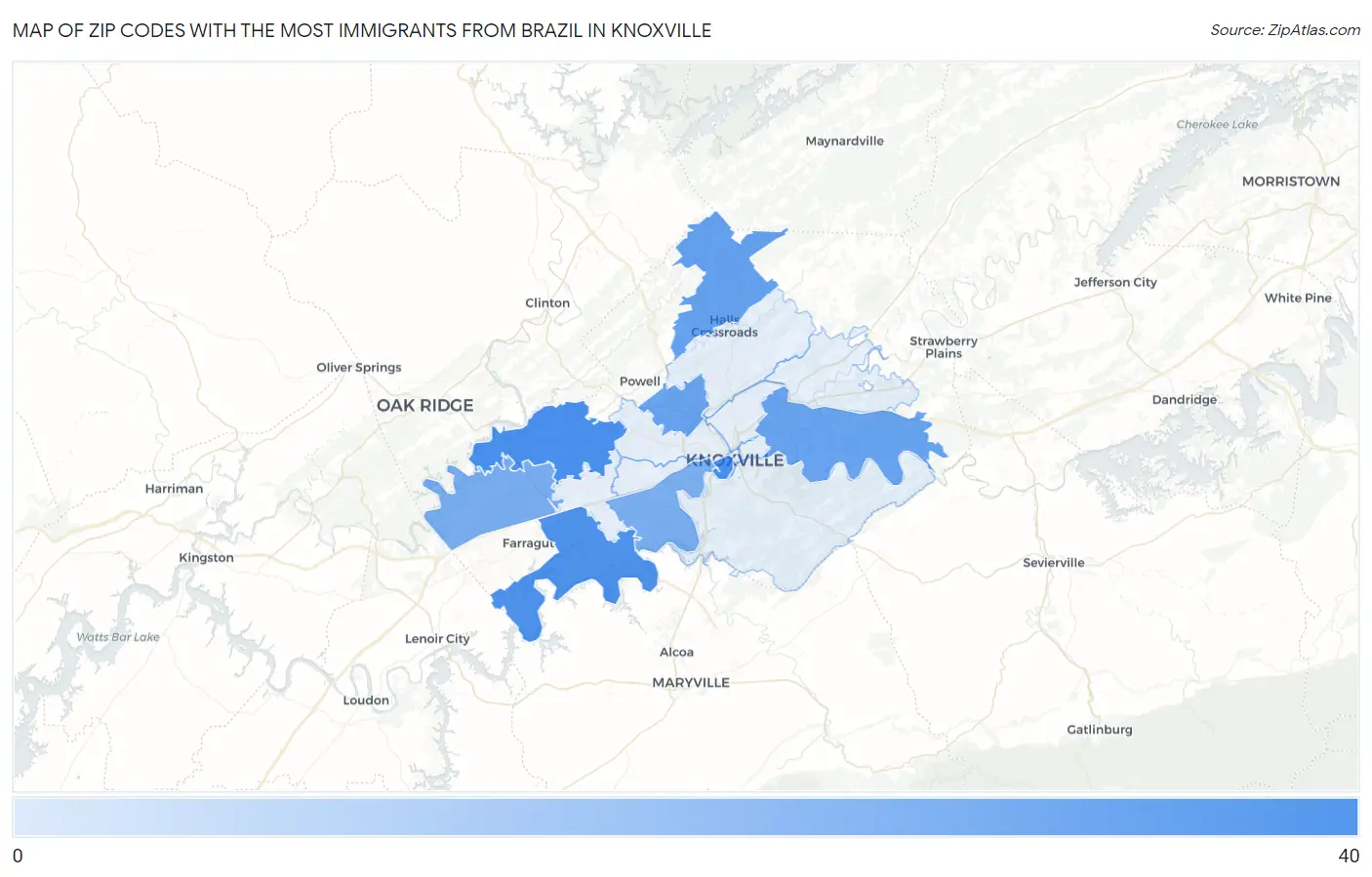 Zip Codes with the Most Immigrants from Brazil in Knoxville Map