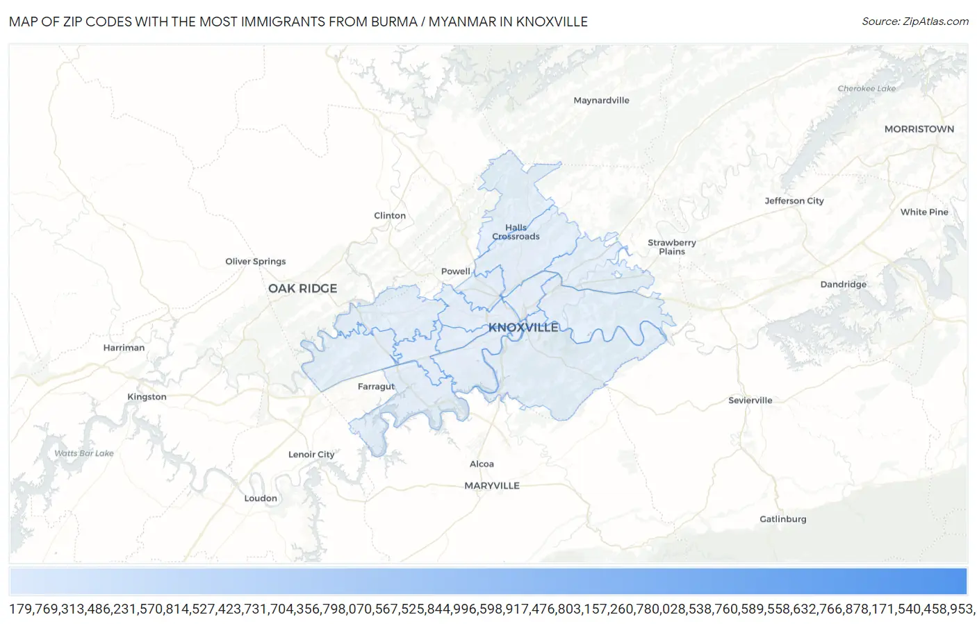 Zip Codes with the Most Immigrants from Burma / Myanmar in Knoxville Map
