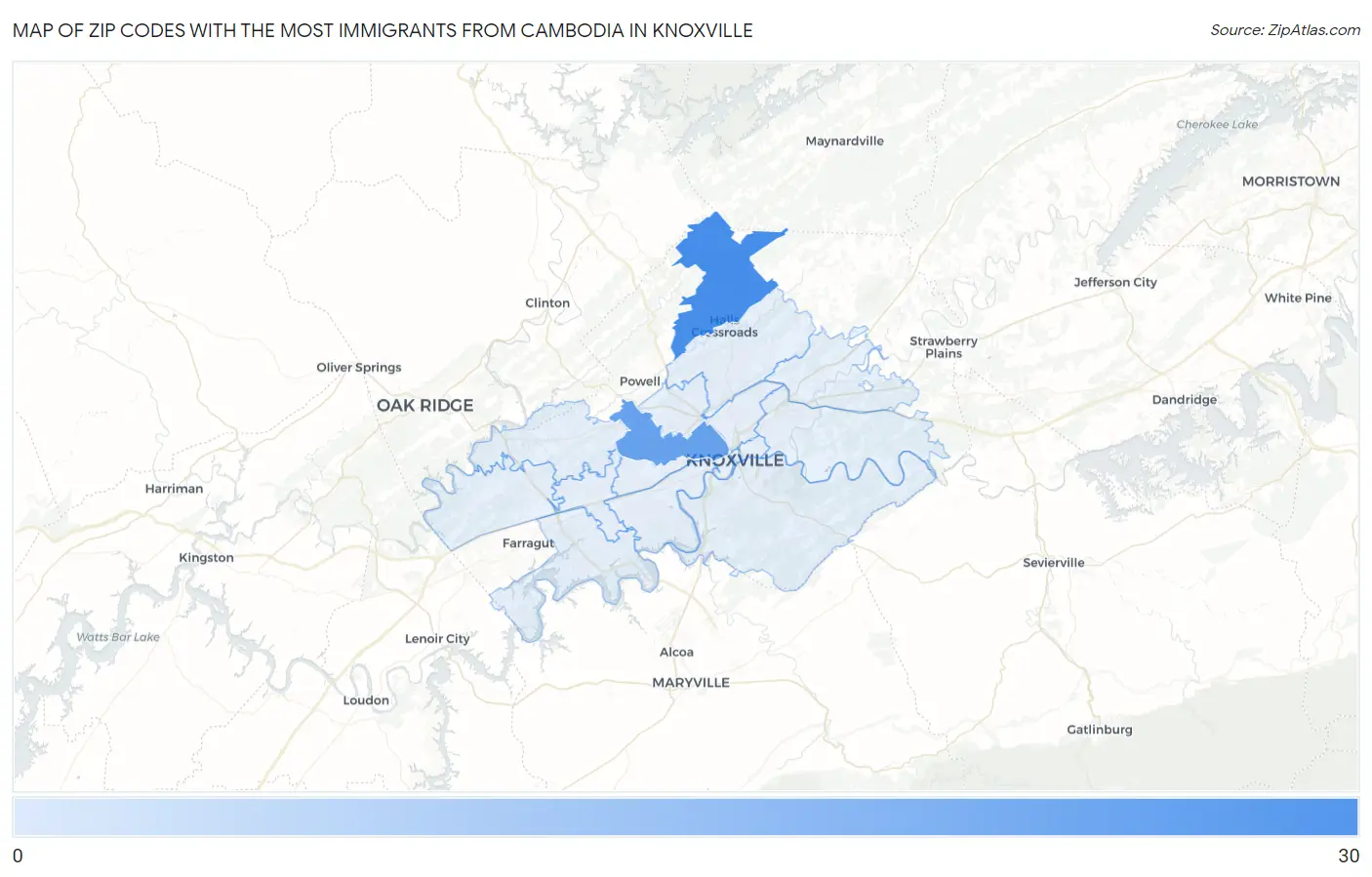 Zip Codes with the Most Immigrants from Cambodia in Knoxville Map