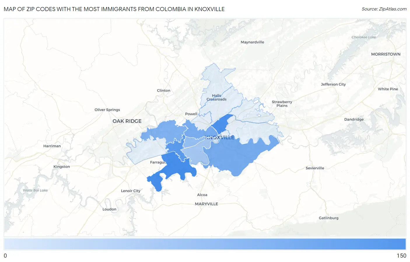 Zip Codes with the Most Immigrants from Colombia in Knoxville Map