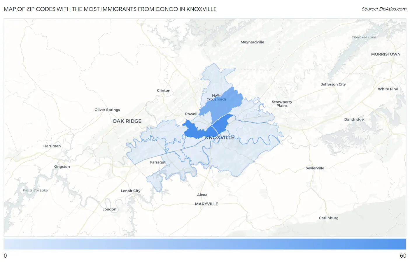 Zip Codes with the Most Immigrants from Congo in Knoxville Map