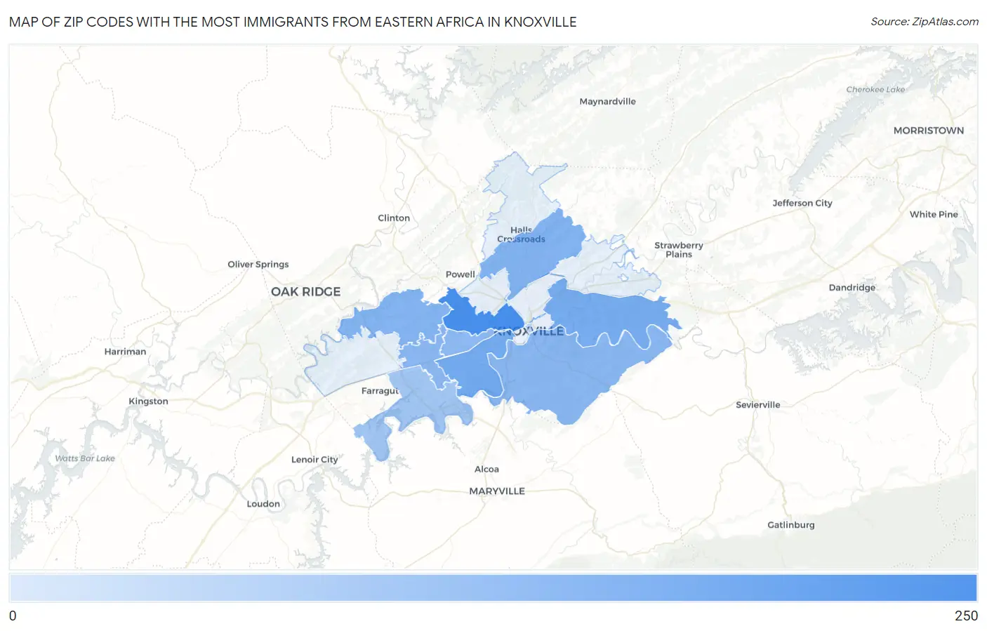 Zip Codes with the Most Immigrants from Eastern Africa in Knoxville Map