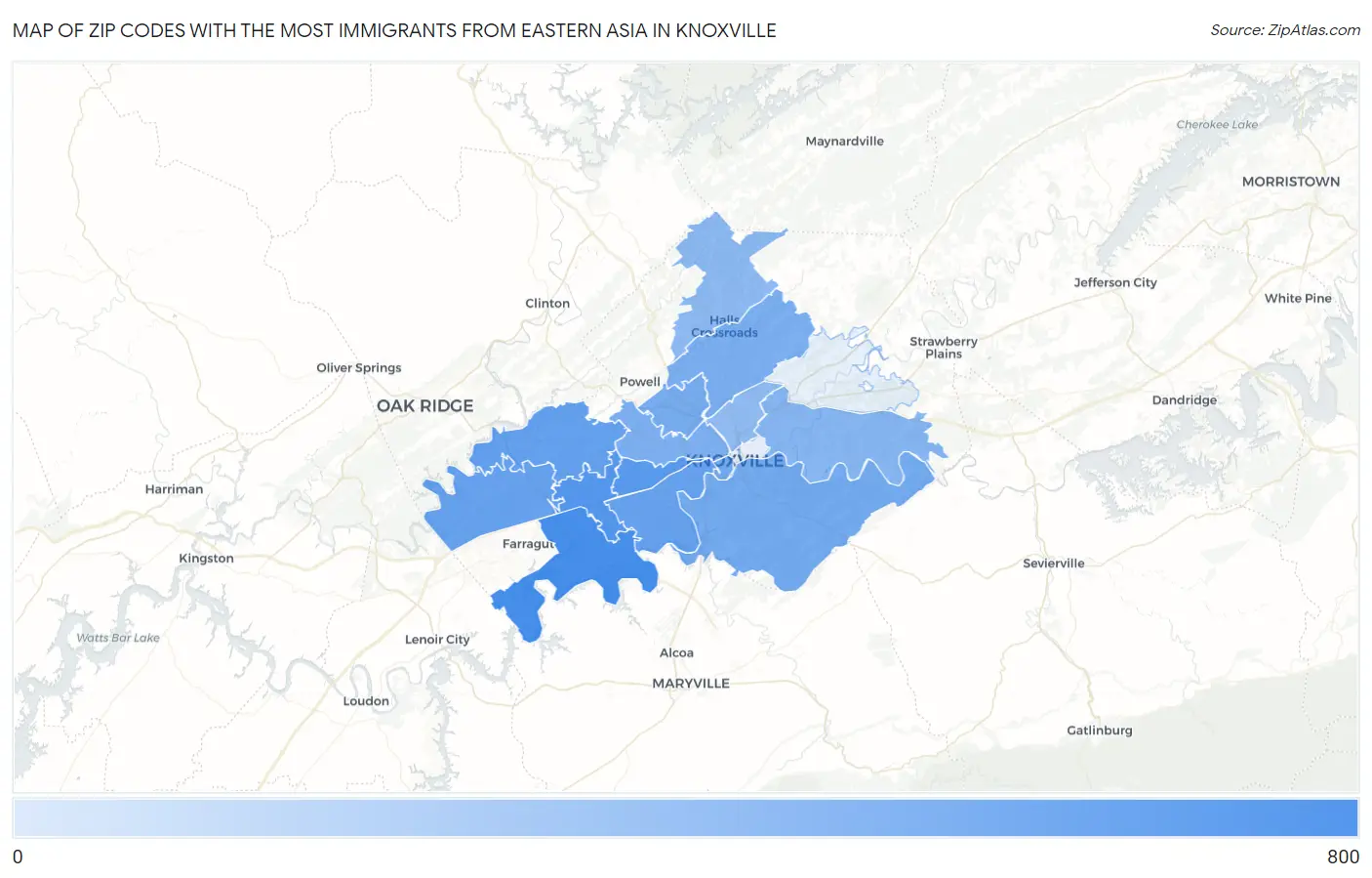 Zip Codes with the Most Immigrants from Eastern Asia in Knoxville Map