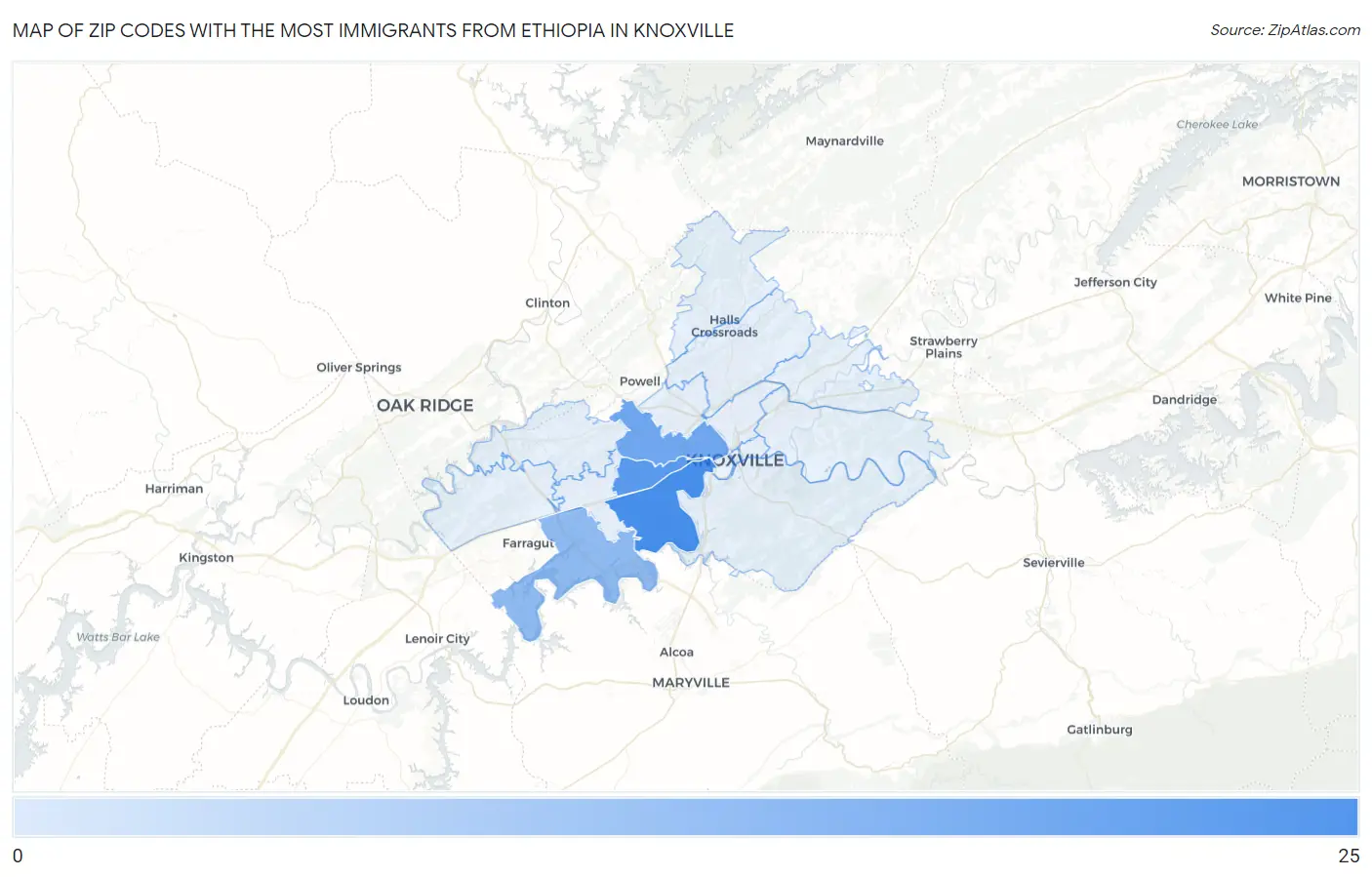 Zip Codes with the Most Immigrants from Ethiopia in Knoxville Map